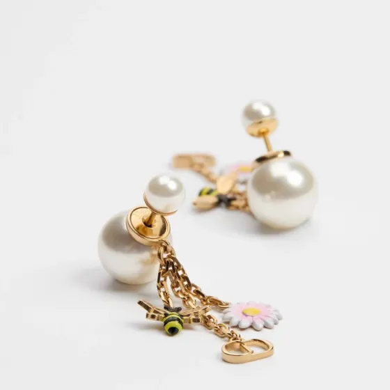 Dior Tribales Bee Daisy CD Charm Earrings earrings Gold-tone metal white resin pearls pink and white enamel daisies with yellow centers black and yellow enamel bees One Size drop length approximately 4 5cm