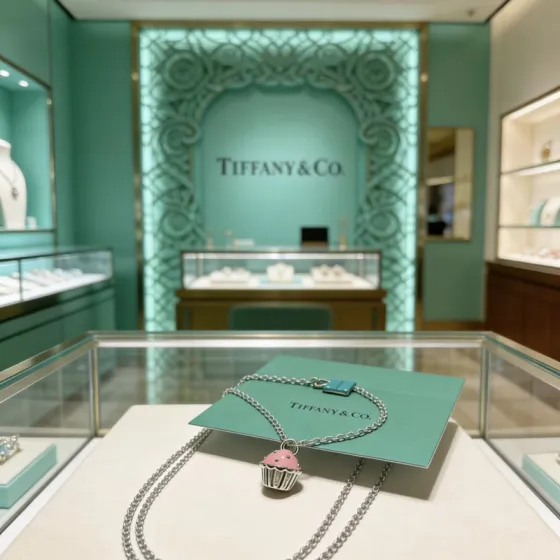 Tiffany Co Cupcake Charm Necklace necklace Sterling silver metal with pink enamel cupcake pendant accented by a signature Tiffany blue enamel charm 18 inches