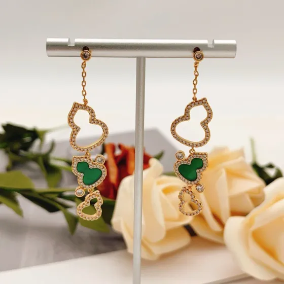 Qeelin Wulu earrings 18k rose gold green malachite clear diamond simulants 4 5cm drop length