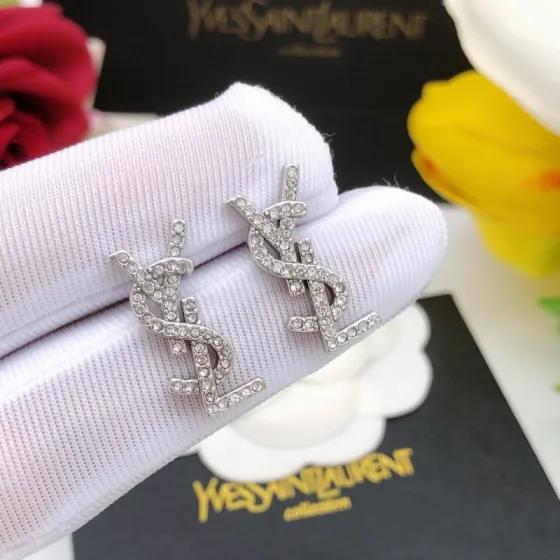 Saint Laurent YSL Monogram earrings silver-toned metal with clear crystal accents 1 5cm stud length