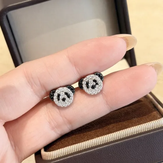Qeelin Bo Bo Panda earrings 925 sterling silver with clear pave stones and black accent stones 8mm stud diameter