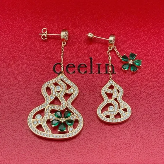 Qeelin Wulu earrings 18k rose gold clear diamond emerald green gemstone 4cm drop length