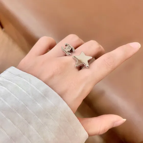 Chanel CC Logo Star Open Ring ring Silver-tone metal no gemstones Adjustable open band fits US sizes 6-8