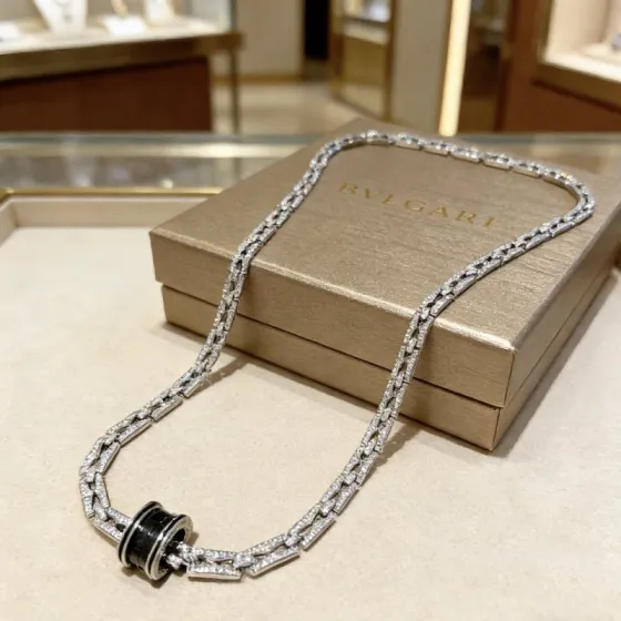 Bvlgari B zero1 necklace Silver-toned metal with black ceramic and pave clear diamonds 60cm