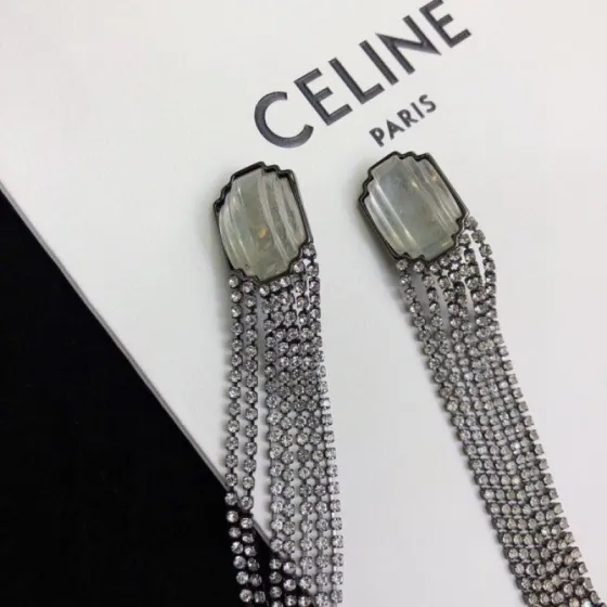 Celine Carved Stone Multi-Strand Crystal Tassel Earrings earrings Gunmetal-toned dark metal pale translucent carved stone clear faceted crystals 9cm length