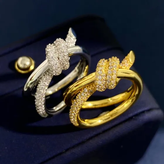 Tiffany Knot ring Yellow gold with clear pave diamonds silver-toned white gold with clear pave diamonds US 7