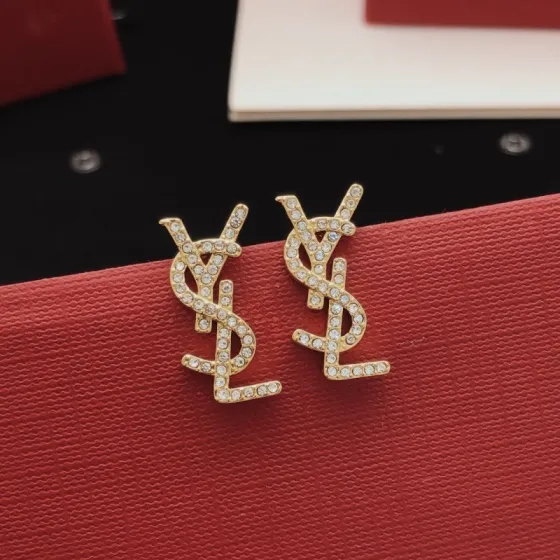 Saint Laurent YED0084 Cassandre Monogram earrings gold-tone metal with clear crystal accents 2 3cm length