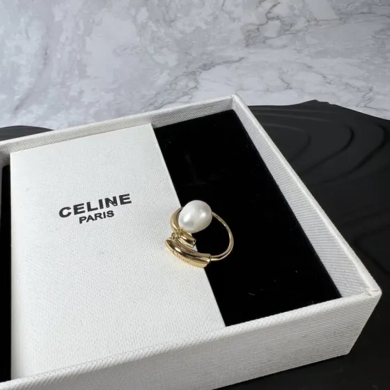 Celine Pearl Charm Open Ring ring Gold-tone metal with white freshwater pearl Adjustable US 6-7