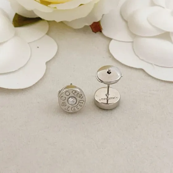 Tiffany Co 1837 earrings 18k white gold clear diamond 8mm stud diameter