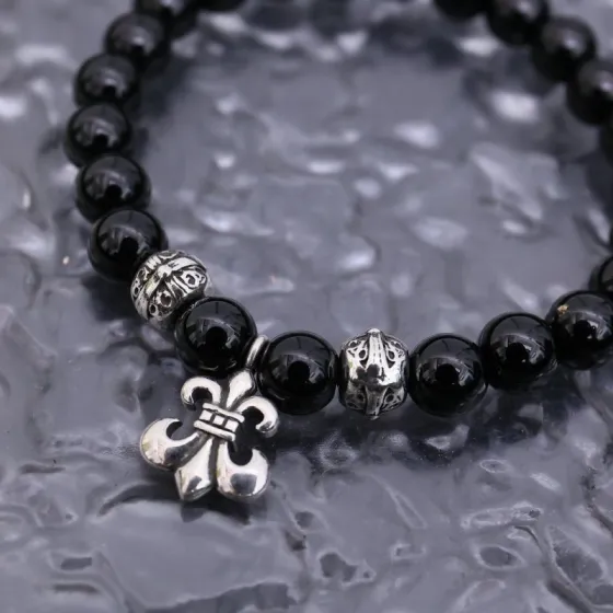 Chrome Hearts Fleur De Lis Beaded Bracelet bracelet Black onyx beads antique silver-toned metal accents and fleur-de-lis charm 19cm