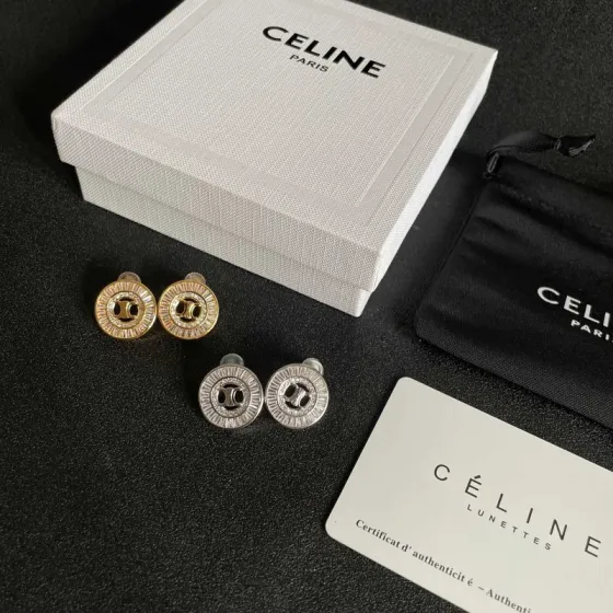 Celine Triomphe Rhinestone Circle Stud Earrings earrings Two variants gold-tone metal with clear baguette-cut crystals silver-tone metal with clear baguette-cut crystals 1 5cm diameter