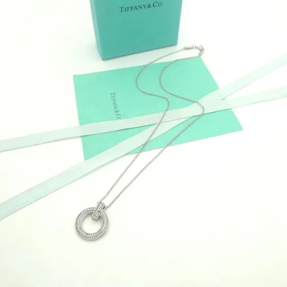 Tiffany Co T1 necklace silver-toned metal with clear diamond accents 18 inches