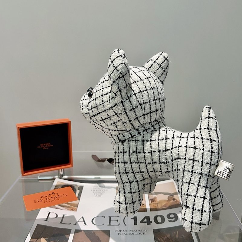 Hermes French Bulldog Plush brooch white with black grid tweed black plastic nose brown plastic eyes 28cm