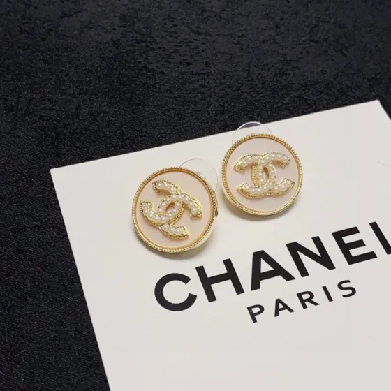 Chanel CC Logo Round Button Stud Earrings earrings Gold-tone metal with cream enamel and faux pearl detailing One Size 1 5cm diameter