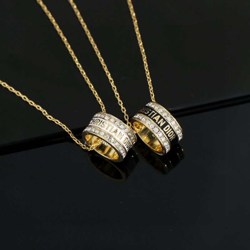 Dior JaDior Christian Dior Code Ring Pendant necklace gold-tone metal with clear crystal accents available with black enamel or white enamel lettering 42cm with 5cm extender