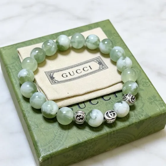 Gucci Anger Forest Beaded Bracelet bracelet Antique silver-toned metal light green and white marbled natural stone beads 18cm
