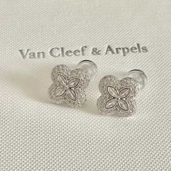 Van Cleef Arpels Alhambra earrings white gold with clear diamonds 10mm stud diameter