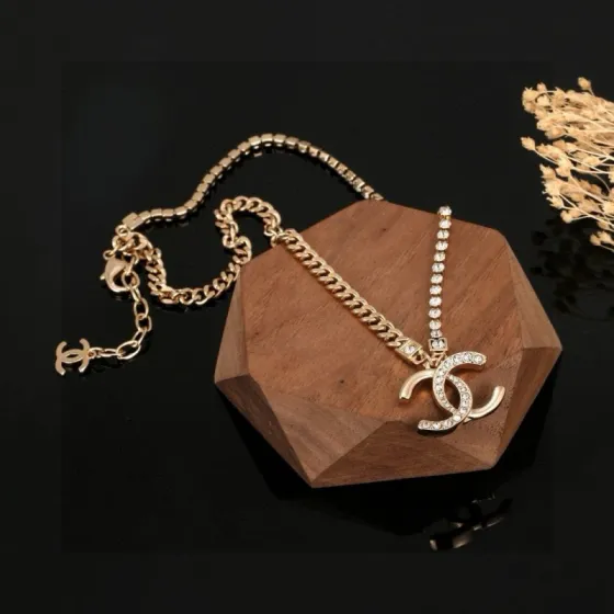 Chanel CC Logo Crystal Pendant necklace Gold-tone metal with clear crystal accents 42cm