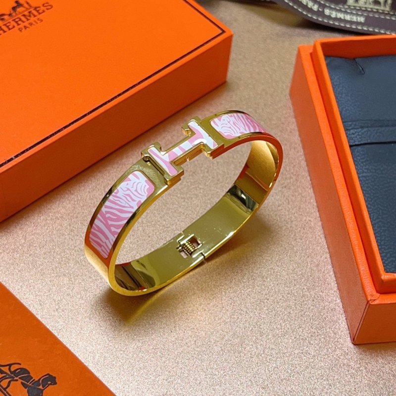 Hermes Clic H Zebra Pattern bracelet gold-tone metal with pink and white zebra print enamel 17cm
