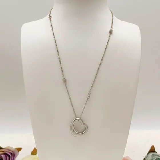 Tiffany Co Open Heart necklace Silver-toned metal with clear diamond accents 40cm