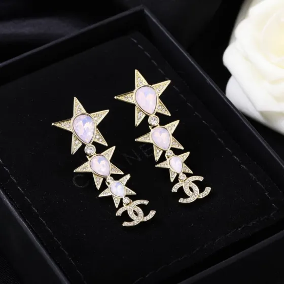 Chanel 23C CC Star Drop Earrings earrings gold-tone metal with pale pink opalescent teardrop stones and clear crystal accents 5 5cm drop length