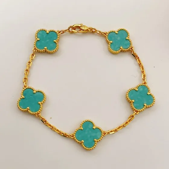 Van Cleef Arpels Alhambra Vintage 5 Motifs bracelet Yellow gold with turquoise blue clover inlays 19cm