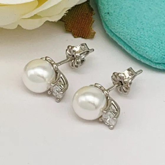 Tiffany Pearl Diamond Stud Earrings earrings silver-toned metal white freshwater pearl clear diamond accent 8mm pearl diameter