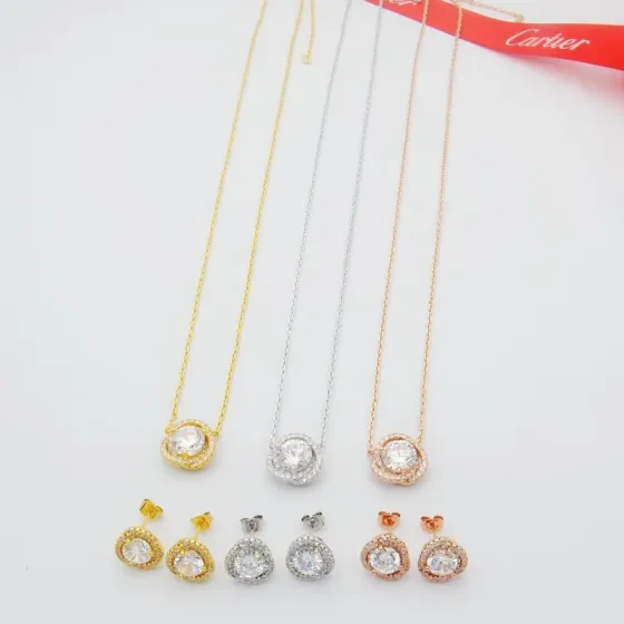 Cartier Trinity Halo Diamond Jewelry Set necklace earrings yellow gold with clear faceted stones white gold with clear faceted stones rose gold with clear faceted stones 16 inch chain length standard stud earring size