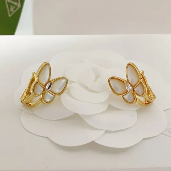 Van Cleef Arpels Two Butterfly earrings yellow gold white mother-of-pearl clear diamond 1 5cm width