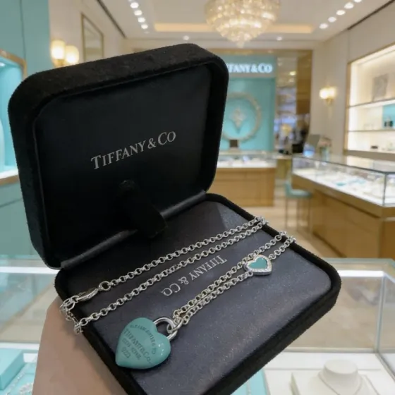 Tiffany Co Return to Tiffany Love Heart Tag necklace Sterling silver with Tiffany Blue enamel and diamond accents 18 inches