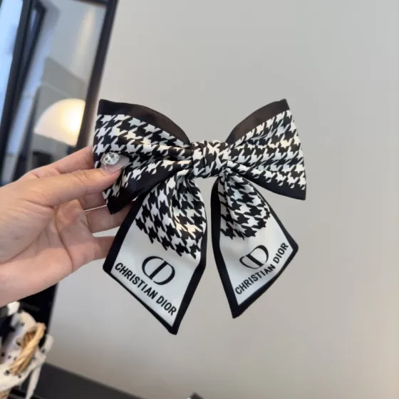 Christian Dior CD Logo Houndstooth Bow Hair Accessory brooch black and white houndstooth printed silk with black printed CD logo and Christian Dior text 12cm width 15cm length