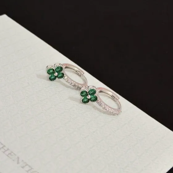 Van Cleef Arpels Alhambra earrings silver-toned white gold metal emerald green gemstones clear white diamonds 12mm hoop diameter