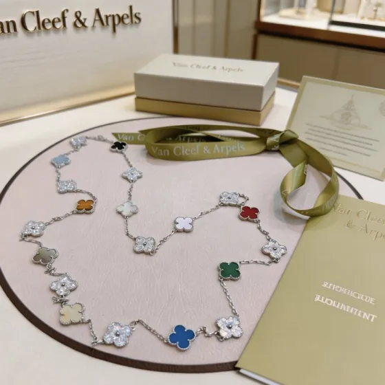 Van Cleef Arpels Alhambra necklace White gold with diamonds black onyx gray chalcedony tiger s eye mother-of-pearl white mother-of-pearl carnelian malachite blue agate pink opal green mother-of-pearl 85cm