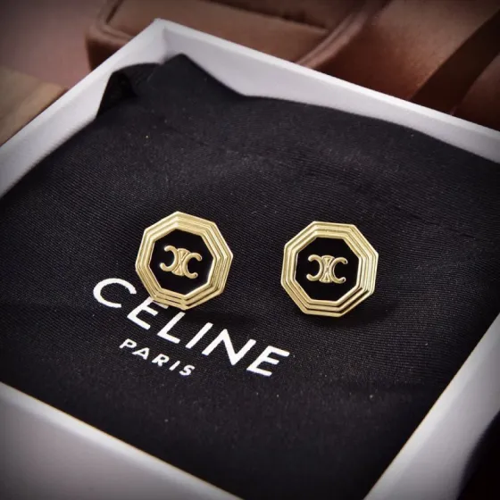 Celine Triomphe Octagonal Stud Earrings earrings gold-tone metal with black enamel 1 5cm diameter