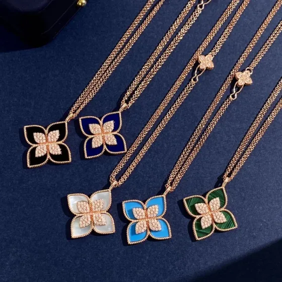 Roberto Coin Princess Flower necklace Rose gold with diamond accents available with onyx lapis lazuli mother-of-pearl turquoise and malachite inlays 18 inch
