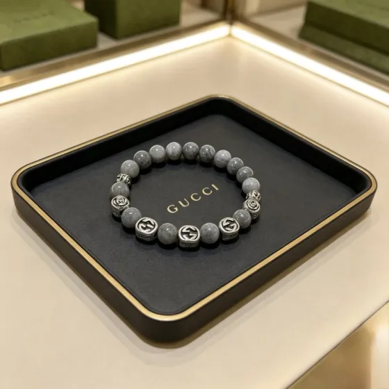 Gucci Anger Forest bracelet aged silver metal gray cloud quartz stone beads 18cm