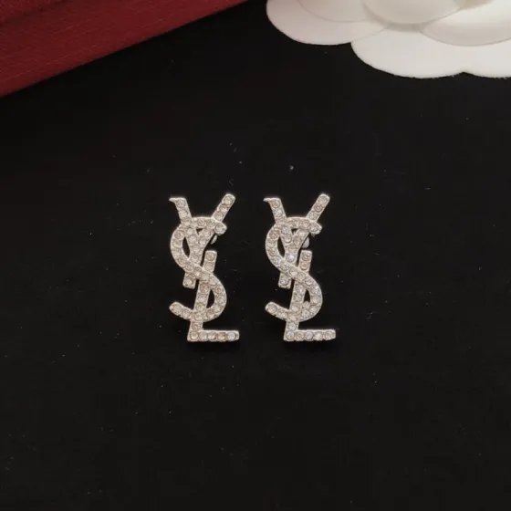 Saint Laurent YED0066 Cassandre Monogram earrings silver-toned metal with clear crystal accents 2cm length