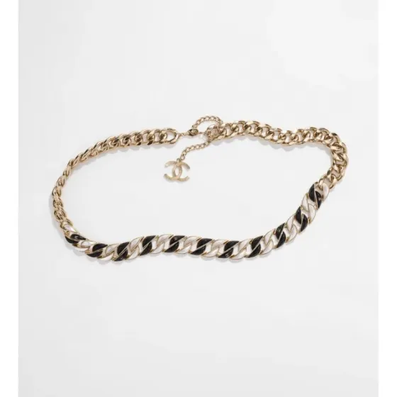 Chanel CC Logo Curb Chain necklace Gold-tone metal with black enamel and pearlescent white accents Adjustable 40-45cm