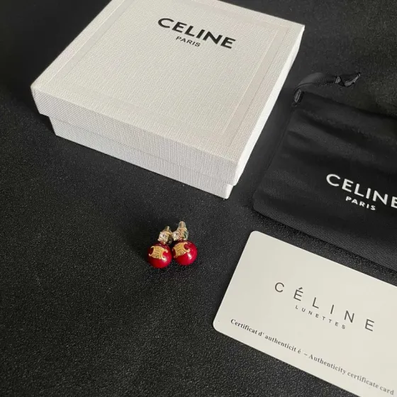 Celine Triomphe Red Bead Stud Earrings earrings gold-tone metal deep red resin bead clear faceted crystal accent 10mm bead diameter standard stud post length