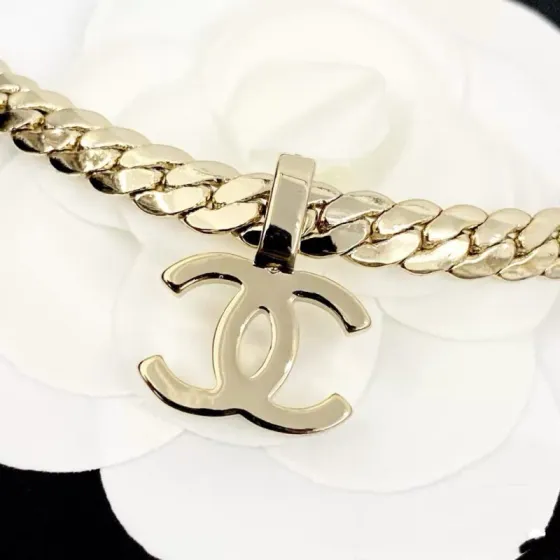 Chanel CC Logo Curb Chain Choker necklace light gold tone metal with clear crystal pave on CC pendant 40cm with 5cm extender