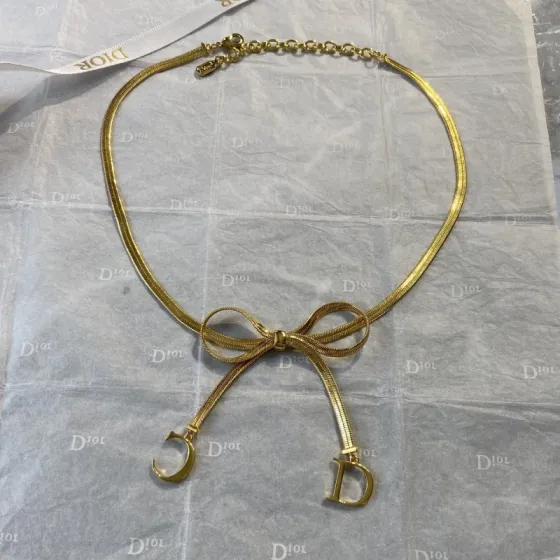 Dior Bow CD Charm Snake Chain necklace gold-tone metal 42cm with 5cm extender
