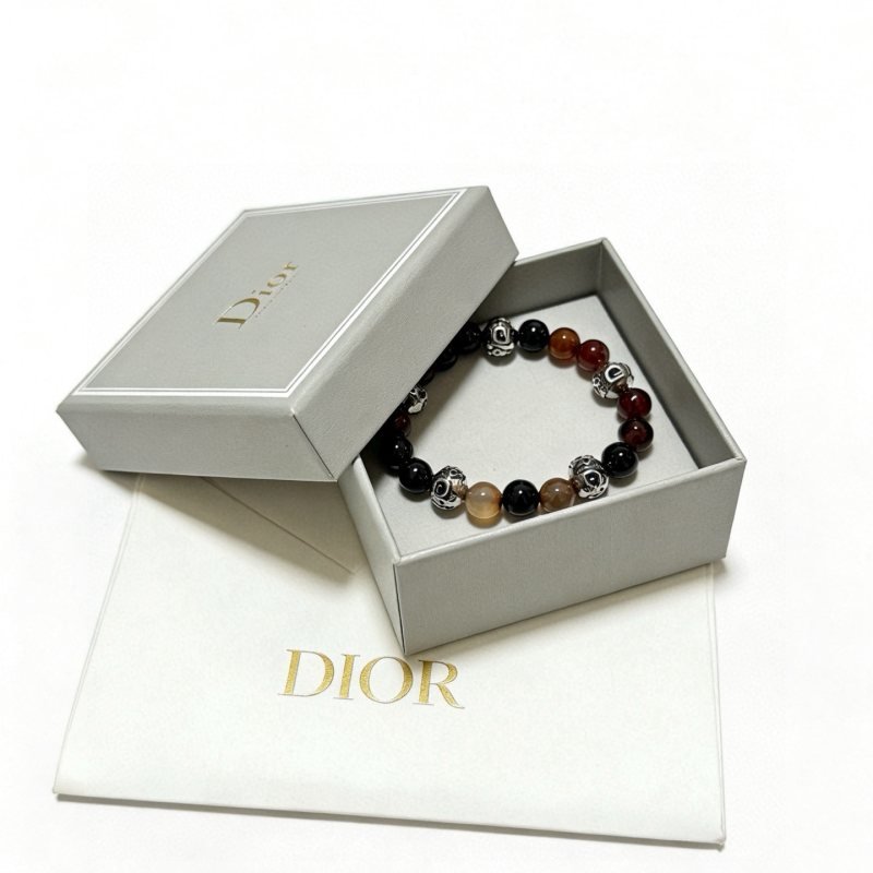 Dior Dior Oblique Beaded Bracelet bracelet Silver-tone metal with black onyx red tiger s eye brown agate and peach carnelian beads 19cm