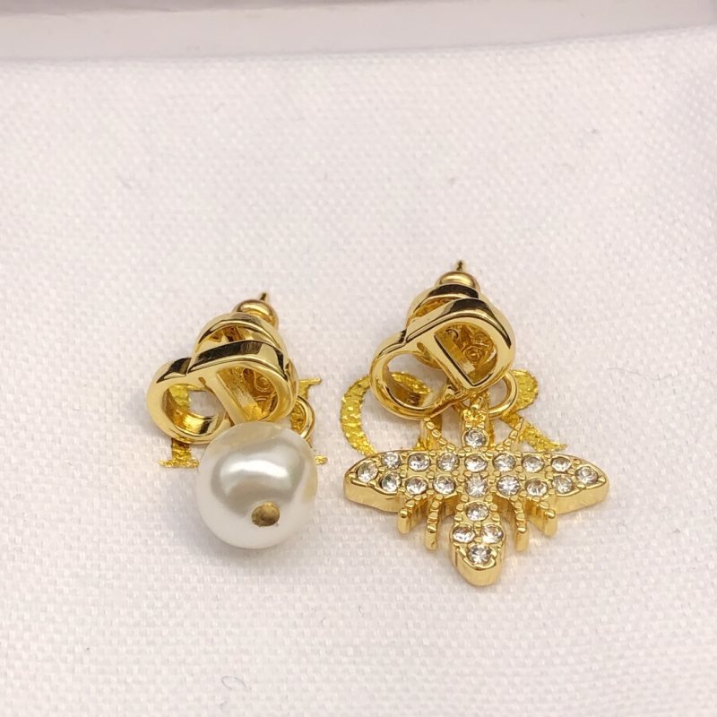 Dior CD Logo Bee Pearl Mismatched Earrings earrings Gold-tone metal clear crystal white pearl One Size drop length approx 1 5cm