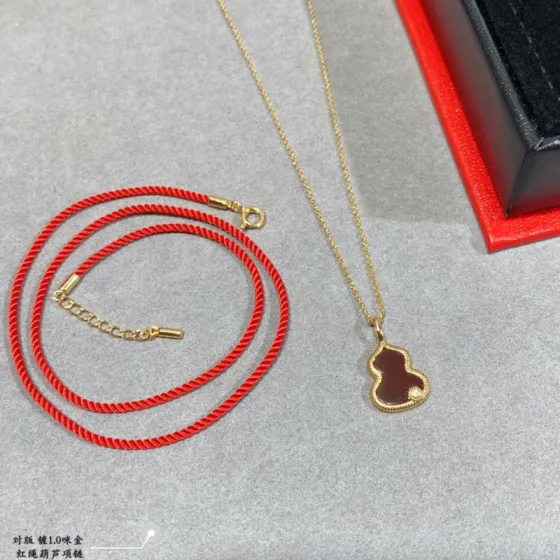 Qeelin Wulu necklace 18k gold plated metal red agate clear diamond accent red cord 40cm with 5cm extension chain