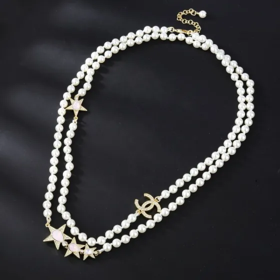 Chanel CC Logo Star Pearl Long Necklace necklace Gold-tone metal white faux pearls clear crystals pink opalescent cabochons 80cm with 5cm extender chain