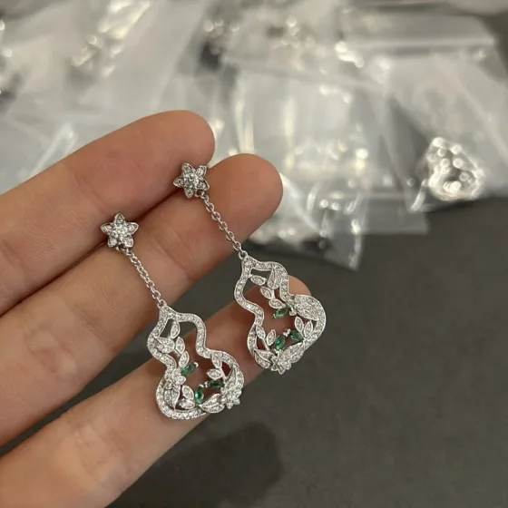 Qeelin Kirin Flower Vine Gourd earrings silver-toned white metal with clear diamonds and green gemstones 3 5cm drop length