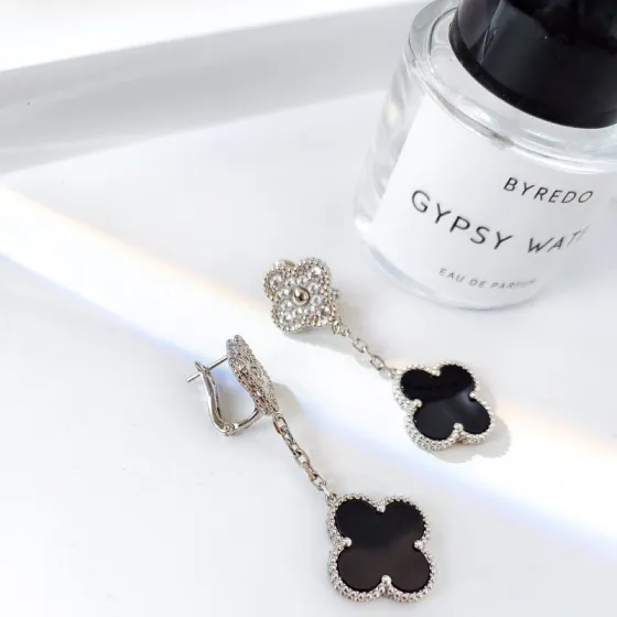 Van Cleef Arpels Magic Alhambra earrings white gold black onyx diamond 3 5cm drop length