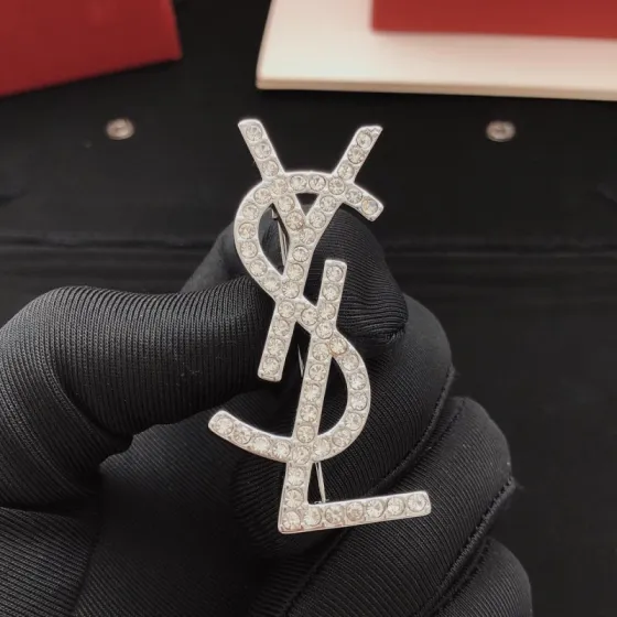Saint Laurent YXZ0010 Cassandre Monogram Brooch brooch silver-toned metal with clear crystal rhinestones 4 5cm height