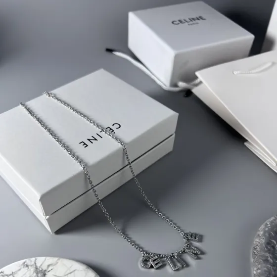 Celine Rhinestone Letter Logo Charm Necklace necklace Silver-toned metal with clear rhinestones Gold-toned metal with clear rhinestones 40cm with 5cm extender