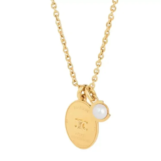 Celine Triomphe Pearl Oval Pendant necklace gold-tone metal with white pearl 42cm with 5cm extender
